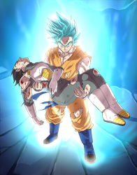 Rule 34 | 2boys, aura, black hair, blood, blood from mouth, blue eyes, blue hair, boots, bruise, carrying, closed eyes, dirty, dougi, dragon ball, dragonball z, fuoore (fore0042), gloves, gradient background, highres, injury, male focus, multiple boys, princess carry, son goku, super saiyan, super saiyan blue, super saiyan god ss, torn clothes, unconscious, vegeta, white gloves, wristband
