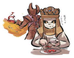 Rule 34 | 1boy, 1girl, apron, armor, chopsticks, cooking, crucible knight, crucible knight ordovis, eating, elden ring, fire, frying pan, helmet, lady tanith (elden ring), mask, rice, tirarizun, translated, white background