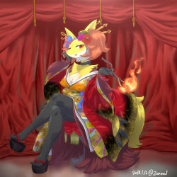 Rule 34 | 1girl, artist name, breasts, cleavage, covered erect nipples, creatures (company), crossed legs, dated, delphox, female focus, fire, full body, furry, furry female, game freak, gen 6 pokemon, half-closed eyes, hands up, highres, japanese clothes, kimono, large breasts, nintendo, no humans, open mouth, pokemon, pokemon (creature), pokemon xy, red eyes, sandals, sitting, smile, solo, stick, text focus, twitter username, zanma