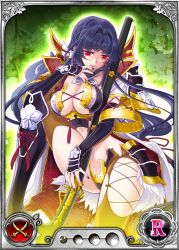Rule 34 | 1girl, blue hair, braid, breasts, card (medium), cleavage, covering privates, covering crotch, dmm, female focus, fingerless gloves, gauntlets, gloves, japanese clothes, large breasts, legs, long hair, looking at viewer, midriff, nail polish, nobunaga wa ore no yome. hime bushou 1000-ningiri, official art, red eyes, simple background, solo, sword, thighhighs, thighs, trading card, weapon