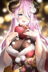 Rule 34 | 1girl, bad id, bad pixiv id, bare shoulders, black bow, blue eyes, blurry, blurry background, blush, bodystocking, bodysuit, bokeh, bow, box, braid, breasts, christmas, cleavage, cleavage cutout, clothing cutout, commentary, depth of field, detached sleeves, draph, dress, eyelashes, fur-trimmed dress, fur-trimmed sleeves, fur trim, gift, granblue fantasy, hair over one eye, hands up, head tilt, heart, heart-shaped box, heart-shaped pupils, highres, holding, holding box, holding gift, holly, horns, impossible bodysuit, impossible clothes, incoming gift, large breasts, light purple hair, long hair, looking at viewer, narmaya (granblue fantasy), narmaya (holiday) (granblue fantasy), obi, open mouth, outdoors, parted bangs, pointy ears, pom pom (clothes), ran s200, red dress, santa costume, sash, side braid, sidelocks, single braid, smile, snowman hair ornament, solo, symbol-shaped pupils, upper body, very long hair