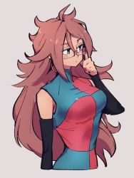 Rule 34 | 1girl, android 21, blue eyes, breasts, checkered clothes, checkered dress, closed mouth, dragon ball, dragon ball fighterz, dress, earrings, glasses, grey background, hair between eyes, hoop earrings, jewelry, kemachiku, long hair, looking away, medium breasts, red hair, simple background, solo, upper body