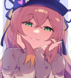 Rule 34 | 1girl, absurdres, blonde hair, blue hat, blush, cheek squash, closed mouth, commentary, dokibird (vtuber), fang, green eyes, hair between eyes, half-closed eyes, hat, heart, highres, indie virtual youtuber, long hair, long sleeves, portrait, skin fang, smile, solo, twintails, vinsycal, virtual youtuber