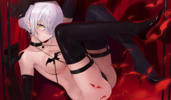 Rule 34 | 1girl, ass, bikini, black choker, black footwear, black gloves, black thighhighs, blood, blood from mouth, breasts, choker, closed mouth, collarbone, elbow gloves, fingernails, from side, gloves, halloween, high heels, large breasts, legs, looking at viewer, lying, micro bikini, on back, orange eyes, original, ranyu, sharp fingernails, short hair, solo, swimsuit, thighhighs, white hair