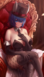 Rule 34 | 1girl, absurdres, animal ears, bare shoulders, black gloves, black pantyhose, black thighhighs, blue eyes, blue hair, breasts, cleavage, collarbone, commentary, crossed legs, fake animal ears, fishnets, gloves, hat, highres, large breasts, leotard, looking at viewer, naidong, naidong (artist), original, pantyhose, parted lips, playboy bunny, rabbit ears, short hair, sitting, smile, solo, thick thighs, thighhighs, thighs, top hat, wide hips