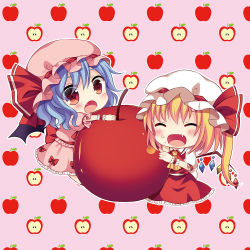 Rule 34 | 2girls, :d, :o, ^ ^, apple, apple core, ascot, bat wings, blouse, blush, chibi, climbing, closed eyes, eating, fang, flandre scarlet, food, food on face, fruit, hat, looking at viewer, mini person, minigirl, mob cap, multiple girls, open mouth, remilia scarlet, shirt, short hair, skirt, skirt set, smile, swami, touhou, vest, wings