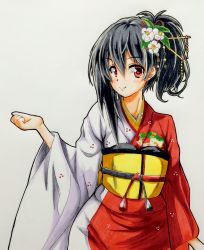 Rule 34 | 1girl, absurdres, binoring, black hair, brown eyes, clenched hand, flower, flower knight girl, hair flower, hair ornament, hairpin, highres, japanese clothes, kimono, manryou (flower knight girl), marker (medium), smile, solo, traditional media, wide sleeves