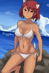 Rule 34 | 1girl, adriana visconti, animal ears, bikini, blush, breasts, cat ears, cleavage, closed mouth, cloud, cloudy sky, collarbone, female focus, groin, halterneck, highres, large breasts, looking at viewer, navel, noble witches, ocean, outdoors, red hair, shiny skin, short hair, side-tie bikini bottom, sky, smile, solo, strike witches, string bikini, sweat, swimsuit, white bikini, world witches series