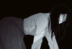 Rule 34 | 1girl, all fours, commentary, from side, greyscale, hair over mouth, hanpetos, long hair, long skirt, looking at viewer, monochrome, pieck finger, pleated skirt, shingeki no kyojin, skirt, solo