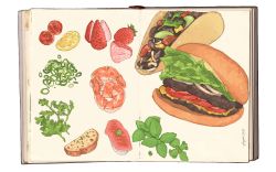 Rule 34 | book, bread, bread bun, burger, burrito, cheese, fajar kurniawan, fish, fish (food), food, food focus, fruit, garlic bread, highres, lemon, lemon slice, lettuce, meat, nigirizushi, no humans, onion, open book, original, realistic, rice, seafood, shrimp, simple background, spring onion, still life, strawberry, sushi, tomato, tomato slice, vegetable, white background