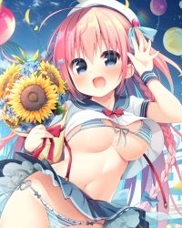 Rule 34 | 1girl, :d, arm up, balloon, beret, bikini, bikini under clothes, blue eyes, blue flower, blue sailor collar, blue skirt, blush, bouquet, bow, braid, breasts, commentary request, day, flower, front-tie bikini top, front-tie top, hair between eyes, hanamiya natsuka, hat, holding, holding bouquet, large breasts, long hair, navel, open mouth, original, outdoors, pink hair, pleated skirt, red bow, sailor collar, shirt, short sleeves, side-tie bikini bottom, skirt, smile, solo, striped bikini, striped clothes, sunflower, swimsuit, very long hair, white flower, white hat, white shirt, yellow flower