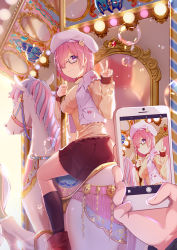Rule 34 | 1girl, alternate costume, beret, black-framed eyewear, black socks, blush, breasts, carousel, cellphone, commentary, contemporary, fate/grand order, fate (series), feet out of frame, from behind, glasses, hair over one eye, hat, hmniao, jacket, kneehighs, long sleeves, looking at viewer, looking back, mash kyrielight, medium breasts, open clothes, open jacket, phone, pink hair, pocket, pov, purple eyes, purple skirt, semi-rimless eyewear, short hair, sitting, skirt, smartphone, soap bubbles, socks, solo focus, sweater, taking picture, under-rim eyewear, v, white hat, white jacket