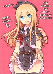 Rule 34 | 10s, 1boy, :d, armor, belt, black necktie, black thighhighs, blonde hair, blue eyes, buttons, clothes lift, cowboy shot, crossdressing, double-breasted, dress, dress lift, frilled dress, frills, hard-translated, hat, heart, japanese armor, long hair, looking at viewer, male focus, midare toushirou, military, military uniform, necktie, no pupils, open mouth, pink background, ponpoko, short sleeves, shoulder armor, simple background, skirt hold, smile, sode, solo, thighhighs, thighs, third-party edit, touken ranbu, translated, trap, uniform