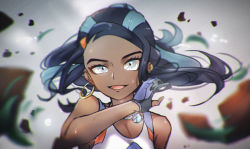 Rule 34 | 1girl, black hair, blue eyes, blue hair, blurry, commentary request, creatures (company), dark-skinned female, dark skin, earrings, echizen (n fns17), eyelashes, floating hair, game freak, gloves, half-closed eye, hand up, highres, hoop earrings, jewelry, long hair, multicolored hair, necklace, nessa (pokemon), nintendo, open mouth, partially fingerless gloves, pokemon, pokemon swsh, smile, solo, sports bra, sweat, sweatdrop, tongue, two-tone hair, upper body
