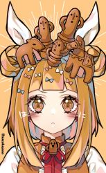Rule 34 | 1girl, :&lt;, blonde hair, blue bow, blunt bangs, blush, bow, brown eyes, commentary request, double bun, dress, earrings, hair bow, hair bun, hair ribbon, haniwa (statue), highres, jewelry, joutouguu mayumi, keyhole, kyouda suzuka, looking at viewer, multiple hair bows, neck ribbon, object on head, pink bow, red ribbon, ribbon, shirt, short hair, solo, statue, symbol-shaped pupils, touhou, upper body, white bow, white ribbon, white shirt, yellow background, yellow dress