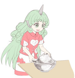Rule 34 | 1girl, :d, bare arms, buttons, cloud print, collar, collared shirt, commentary request, curly hair, demon core, green eyes, green hair, holding, holding screwdriver, horns, kariyushi shirt, komano aunn, long hair, naegi (naegidokoro), nuclear weapon, nuclear weapon, open mouth, plutonium, red shirt, screwdriver, shirt, short sleeves, shorts, single horn, smile, solo, table, thick eyebrows, touhou, weapon of mass destruction, white shorts