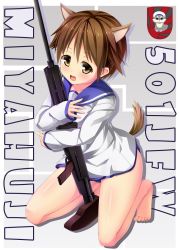 Rule 34 | 1girl, :d, animal ears, barefoot, blush, brown hair, drum magazine, gun, highres, holding, kuragari, looking at viewer, magazine (weapon), miyafuji yoshika, open mouth, short hair, smile, solo, strike witches, swimsuit, swimsuit under clothes, tail, weapon, weapon request, world witches series