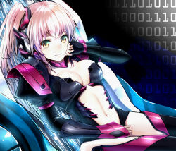 Rule 34 | 1girl, binary, bodysuit, breasts, center opening, cleavage, collar, elbow gloves, gloves, hair ornament, headgear, highres, looking at viewer, mecha musume, medium breasts, minato (shouno), navel, original, pink hair, puffy sleeves, shoulder pads, side ponytail, sitting, smile, solo, yellow eyes