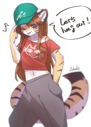 Rule 34 | 1girl, :p, absurdres, animal ears, baggy pants, baseball cap, blush, brown eyes, brown hair, english text, female focus, furry, furry female, hand in pocket, hat, highres, long hair, midriff, musical note, nachiwanko, navel, off-shoulder shirt, off shoulder, one eye closed, original, pants, red shirt, shirt, sidelocks, solo, tail, tiger ears, tiger tail, tongue, tongue out