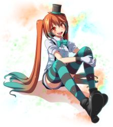 Rule 34 | 1girl, :d, absurdres, alternate eye color, alternate hair color, bad id, bad pixiv id, black footwear, black hat, black shorts, blouse, boots, bow, bowtie, brown hair, dress shirt, full body, gloves, green bow, green bowtie, hair ornament, hat, hatsune miku, high heel boots, high heels, highres, long hair, mini hat, mrs.pumpkin no kokkei na yume (vocaloid), multicolored hair, open mouth, orange eyes, project diva (series), project diva x, shirt, short shorts, short sleeves, shorts, sitting, smile, solo, striped clothes, striped thighhighs, thighhighs, tsukishiro saika, twintails, two-tone hair, very long hair, vocaloid, white background, white gloves, white shirt