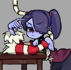 Rule 34 | 1girl, blue hair, blue skin, colored skin, frown, leaning on object, looking at viewer, mercysstrap, red eyes, simple background, skullgirls, solo, squigly (skullgirls), zombie