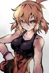 Rule 34 | abs, absurdres, black tank top, blonde hair, breasts, closed mouth, gloves, gradient background, hair between eyes, hand on own hip, highres, large breasts, looking at viewer, mutsuki riichi, red gloves, senki zesshou symphogear, short hair, simple background, sportswear, sweat, tachibana hibiki (symphogear), tank top, toned, upper body, yellow eyes