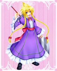 Rule 34 | 1990s (style), 1boy, bad id, bad pixiv id, blonde hair, braid, buster sword, card, card in mouth, cloud strife, crossdressing, dress, final fantasy, final fantasy vii, long hair, male focus, minatosaiga, mouth hold, pink background, purple dress, retro artstyle, solo, sword, trap, twin braids, wall market, weapon