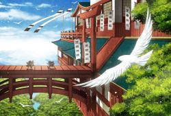 Rule 34 | 2boys, akaumi, architecture, bad id, bad pixiv id, banner, bird, bridge, castle, cloud, east asian architecture, flag, landscape, mountain, multiple boys, nobori, original, river, running, scenery, stairs, torii, traditional clothes, tree