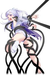 Rule 34 | 1girl, ass, blush, breasts, highres, long hair, medium breasts, nipples, no shoes, open mouth, partially visible vulva, purple eyes, restrained, solo, tabi, tentacles, tentacles under clothes, torn clothes, transparent background, tsuyuta, white hair