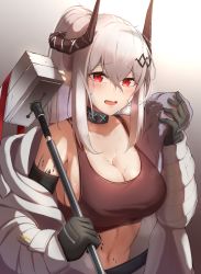 Rule 34 | 1girl, absurdres, alternate hairstyle, arknights, bare shoulders, black gloves, blush, breasts, commentary, crop top, demon girl, demon horns, elite ii (arknights), english commentary, gloves, hair ornament, hairclip, highres, horns, infection monitor (arknights), long hair, material growth, mudrock (arknights), mudrock (elite ii) (arknights), oripathy lesion (arknights), parted lips, ponytail, rada (aw waffle), red eyes, silver hair, solo, sweat, tank top, war hammer, weapon