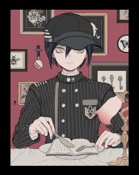 Rule 34 | 1boy, baseball cap, black border, black hair, black hat, black jacket, black sleeves, book, border, bug, butterfly, buttons, chi (02tt guru), closed mouth, collared jacket, commentary request, crest, danganronpa (series), danganronpa v3: killing harmony, double-breasted, eyelashes, fingernails, fork, green eyes, hair between eyes, hat, highres, holding, holding fork, holding knife, insect, jacket, key, knife, lamp, layered sleeves, light smile, long sleeves, magnifying glass, male focus, open book, pinstripe jacket, pinstripe pattern, pinstripe sleeves, plate, pocket, red background, saihara shuichi, short hair, simple background, solo, star (symbol), star print, straight-on, table, upper body