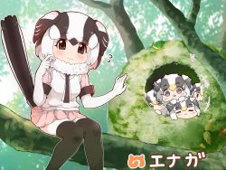 Rule 34 | +++, 10s, 5girls, = =, bird tail, black eyes, black hair, black legwear, blush, blush stickers, character name, chibi, child, commentary request, day, elbow gloves, flying sweatdrops, fur collar, gloves, head wings, in tree, japari symbol, kemono friends, long-tailed tit (kemono friends), looking at viewer, multicolored hair, multiple girls, musical note, necktie, nest, outdoors, scratching cheek, short hair, sitting, sitting in tree, tail, tanaka kusao, thighhighs, tree, wavy mouth, white gloves, white hair, wings