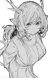 Rule 34 | 1girl, antlers, arm behind back, breasts, closed mouth, commentary request, eyebrows hidden by hair, greyscale, hair between eyes, highres, horns, long hair, looking at viewer, medium breasts, monochrome, original, pointy ears, shirt, simple background, skirt, smile, solo, tail, white background, yuuji (yukimimi)