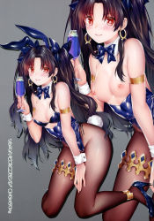 Rule 34 | 1girl, absurdres, animal ears, anklet, armlet, bare shoulders, black hair, black leotard, blue ribbon, blush, bow, bowtie, breasts, brown pantyhose, buttons, cup, detached collar, drink, drinking glass, earrings, fake animal ears, fate/grand order, fate (series), fingernails, fishnet pantyhose, fishnets, full body, gold trim, grey background, hair ribbon, hand on own thigh, hand on thigh, high heels, highleg, highleg leotard, highres, hip focus, holding, hoop earrings, ishtar (fate), jewelry, kneeling, legs, leotard, long hair, looking at viewer, medium breasts, nipples, obiwan, pantyhose, parted bangs, parted lips, playboy bunny, rabbit ears, rabbit tail, red eyes, ribbon, saint quartz (fate), scan, shiny clothes, shiny skin, simple background, smile, solo, strapless, strapless leotard, tail, thighlet, thighs, tiara, translation request, two side up, wrist cuffs