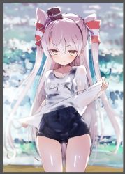 Rule 34 | 1girl, amatsukaze (kancolle), black border, blue one-piece swimsuit, blush, border, caburi, covered navel, hair tubes, highres, kantai collection, long hair, name tag, one-piece swimsuit, see-through, shirt, short sleeves, silver hair, simple background, smile, solo, swimsuit, swimsuit under clothes, two side up, water, wet, wet clothes, white background, white shirt, yellow eyes