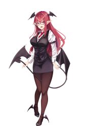 Rule 34 | 1girl, :d, absurdres, bespectacled, black pantyhose, blouse, breasts, demon tail, demon wings, full body, glasses, head wings, high heels, highres, holding, koakuma, large breasts, long hair, long sleeves, looking at viewer, necktie, open mouth, pantyhose, pencil skirt, pointy ears, puffy sleeves, purple eyes, red hair, shirt, skirt, smile, solo, standing, tail, tk31, touhou, transparent background, vest, white shirt, wings