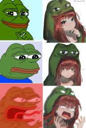 Rule 34 | 1girl, 4chan, 6koma, :&gt;, angry, animal hood, artist name, bad id, bad pixiv id, black eyes, blouse, blue shirt, blush, boy&#039;s club, closed mouth, comic, commentary, comparison, derivative work, dot nose, frog, frog hood, frown, hand on own chin, highres, hood, hoodie, imageboard colors, long hair, looking at viewer, meme, motion blur, open mouth, pepe the frog, red hair, sad, shirt, smile, smug, stroking own chin, tongue, tongue out, twitter username, yukisaki mayui