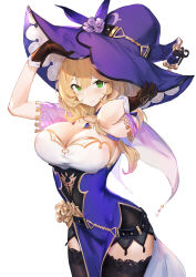 Rule 34 | 1girl, absurdres, belt, black thighhighs, blonde hair, breasts, brown gloves, cleavage, detached sleeves, dress, echomlete, genshin impact, gloves, green eyes, hair between eyes, hair over shoulder, half gloves, hat, highres, jewelry, large breasts, light blush, lisa (genshin impact), long hair, looking at viewer, multicolored clothes, multicolored dress, necklace, purple hat, simple background, smile, solo, strapless, strapless dress, thighhighs, white background, witch hat