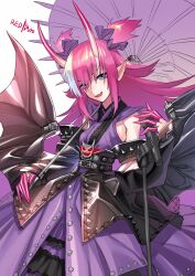 Rule 34 | 1girl, belt, blue eyes, elizabeth bathory (fate), elizabeth bathory (japan) (fate), fang, fate/grand order, fate (series), finger cots, highres, holding, holding umbrella, horns, japanese clothes, kimono, long hair, looking at viewer, microphone, microphone stand, multicolored hair, oni horns, parted lips, pink hair, pointy ears, purple kimono, redauto, skin fang, sleeveless, sleeveless kimono, smile, solo, studded belt, two-tone hair, umbrella, white background, white hair, wings