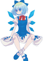 Rule 34 | 1girl, absurdres, blue bow, blue dress, blue eyes, blue footwear, blue hair, bow, bowtie, cirno, closed mouth, detached wings, dot mouth, dot nose, dress, full body, highres, mary janes, medium hair, pinafore dress, puffy short sleeves, puffy sleeves, red bow, red bowtie, shirt, shocho (shaojiujiu), shoes, short sleeves, simple background, sitting, sleeveless, sleeveless dress, socks, solo, touhou, white background, white shirt, white socks, wings