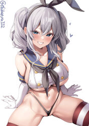 Rule 34 | 1girl, bare shoulders, black hairband, black neckerchief, black panties, blue eyes, blue sailor collar, blush, breasts, cleft of venus, cosplay, crop top, ebifurya, elbow gloves, gloves, grey hair, hairband, highleg, highleg panties, highres, kantai collection, kashima (kancolle), large breasts, long hair, looking at viewer, micro panties, navel, neckerchief, panties, partially visible vulva, pussy, pussy peek, sailor collar, shimakaze (kancolle), shimakaze (kancolle) (cosplay), smile, solo, spread legs, striped clothes, striped thighhighs, thighhighs, twintails, twitter username, underwear, white gloves