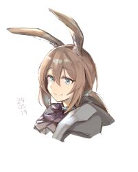Rule 34 | 1girl, amiya (arknights), animal ears, aqua collar, aqua eyes, arknights, brown hair, closed mouth, collar, commentary request, cropped shoulders, dated, grey jacket, hair between eyes, highres, jacket, long hair, looking ahead, ponytail, rabbit ears, rabbit girl, simple background, smile, solo, split mouth, utsuke, white background