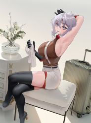 Rule 34 | 1girl, armpits, azur lane, bellona (azur lane), black gloves, boots, breasts, brown shirt, cirilla lin, flower, gloves, grey eyes, grey hair, hair between eyes, hair in own mouth, high heel boots, high heels, highres, holding, holding towel, large breasts, looking at viewer, luggage, parted lips, plant, potted plant, rolling suitcase, rose, shirt, short hair, shorts, sitting, sleeveless, sleeveless shirt, solo, suitcase, thigh boots, towel, white flower, white rose, white shorts