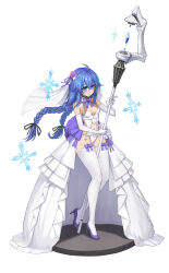 Rule 34 | 1girl, absurdres, ahoge, alternate breast size, blue eyes, blue hair, braid, breasts, bridal garter, bridal lingerie, bridal veil, bride, choker, crystal, darpi, elbow gloves, flower, frilled choker, frills, full body, garter belt, gloves, hair flower, hair ornament, high heels, highres, holding, holding staff, lingerie, lipstick, looking to the side, mage staff, makeup, midriff, mushoku tensei, navel, neck ribbon, purple flower, purple footwear, ribbon, roxy migurdia, signature, small breasts, solo, staff, stiletto heels, thighhighs, twin braids, underwear, veil, white gloves, white thighhighs