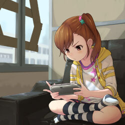 Rule 34 | 1girl, blush, brown eyes, brown hair, closed mouth, commentary, couch, day, full body, futami mami, handheld game console, highres, holding, holding handheld game console, hood, hood down, hooded jacket, idolmaster, idolmaster (classic), indian style, indoors, jacket, kneehighs, light rays, looking down, mappy (minogue), medium hair, no shoes, on couch, open clothes, open jacket, playing games, playstation vita, print shirt, shirt, side ponytail, sitting, socks, solo, star (symbol), star print, striped clothes, striped socks, sunbeam, sunlight, v-shaped eyebrows, white shirt, window