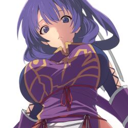 Rule 34 | 1girl, ahonoko, ao no kiseki, blue hair, breasts, china dress, chinese clothes, double-parted bangs, dress, eiyuu densetsu, hair between eyes, large breasts, looking at viewer, purple eyes, rixia mao, sidelocks, simple background, solo, upper body, white background, zero no kiseki