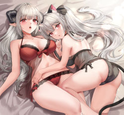 Rule 34 | 2girls, absurdres, animal ears, ass, bad id, bad pixiv id, bed sheet, black bra, black panties, bra, breasts, cat ears, cat girl, cat tail, curled horns, demon girl, demon horns, from above, groin, highres, horns, large breasts, lillly, long hair, looking at viewer, looking up, lying, multiple girls, on back, on person, on side, open mouth, original, panties, parted lips, pointy ears, red bra, red eyes, red panties, see-through, tail, teeth, thighs, underwear, upper teeth only, white hair