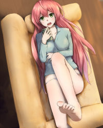 Rule 34 | 10s, 1girl, akashi (kancolle), bad anatomy, bad feet, bad id, bad pixiv id, barefoot, blush, breasts, cellphone, couch, green eyes, kantai collection, kurotora, long hair, long sleeves, looking at viewer, lying, no pants, on couch, open mouth, phone, pink hair, poorly drawn, smartphone, solo