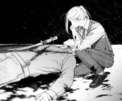 Rule 34 | 2boys, arm on knee, bangs pinned back, black footwear, blood, blood on arm, blood on clothes, blood on ground, collared shirt, corpse, formal, full body, greyscale, hand on own chin, hogu 051, katana, looking at another, lying, male focus, monochrome, multiple boys, on back, on ground, on one knee, ponytail, sanzu haruchiyo, shirt, simple background, sleeves rolled up, striped clothes, suit, sword, tokyo revengers, upper body, weapon