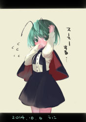 Rule 34 | 1girl, adapted costume, antenna hair, black dress, black ribbon, blush, cape, cowboy shot, dated, dress, dress shirt, flying sweatdrops, full-face blush, green eyes, green hair, hand to own mouth, highres, letterboxed, looking at viewer, matching hair/eyes, namauni, nose blush, ribbon, shirt, short hair, simple background, skirt, solo, standing, touhou, white shirt, wriggle nightbug, yellow background